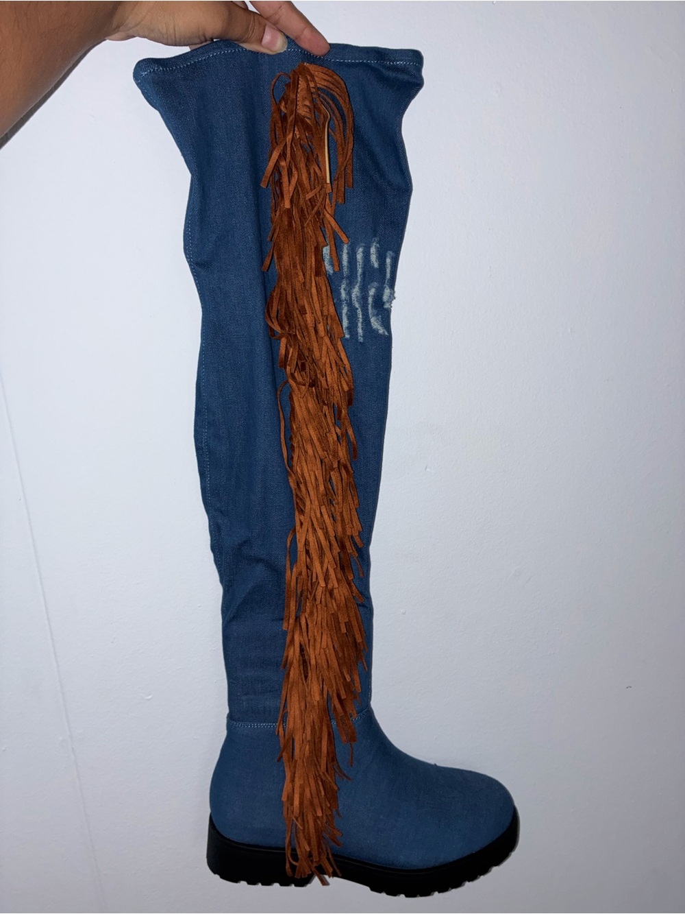 Women’s Blue Denim Over-the-Knee Fringe Boot